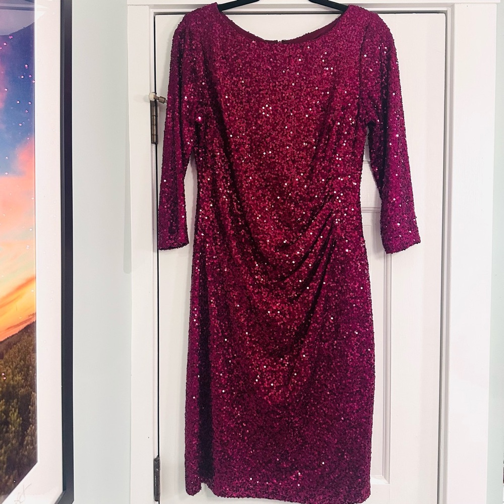 Jessica Howard Sparkling sequence Burgundy 3/4 Sleeve Dress
